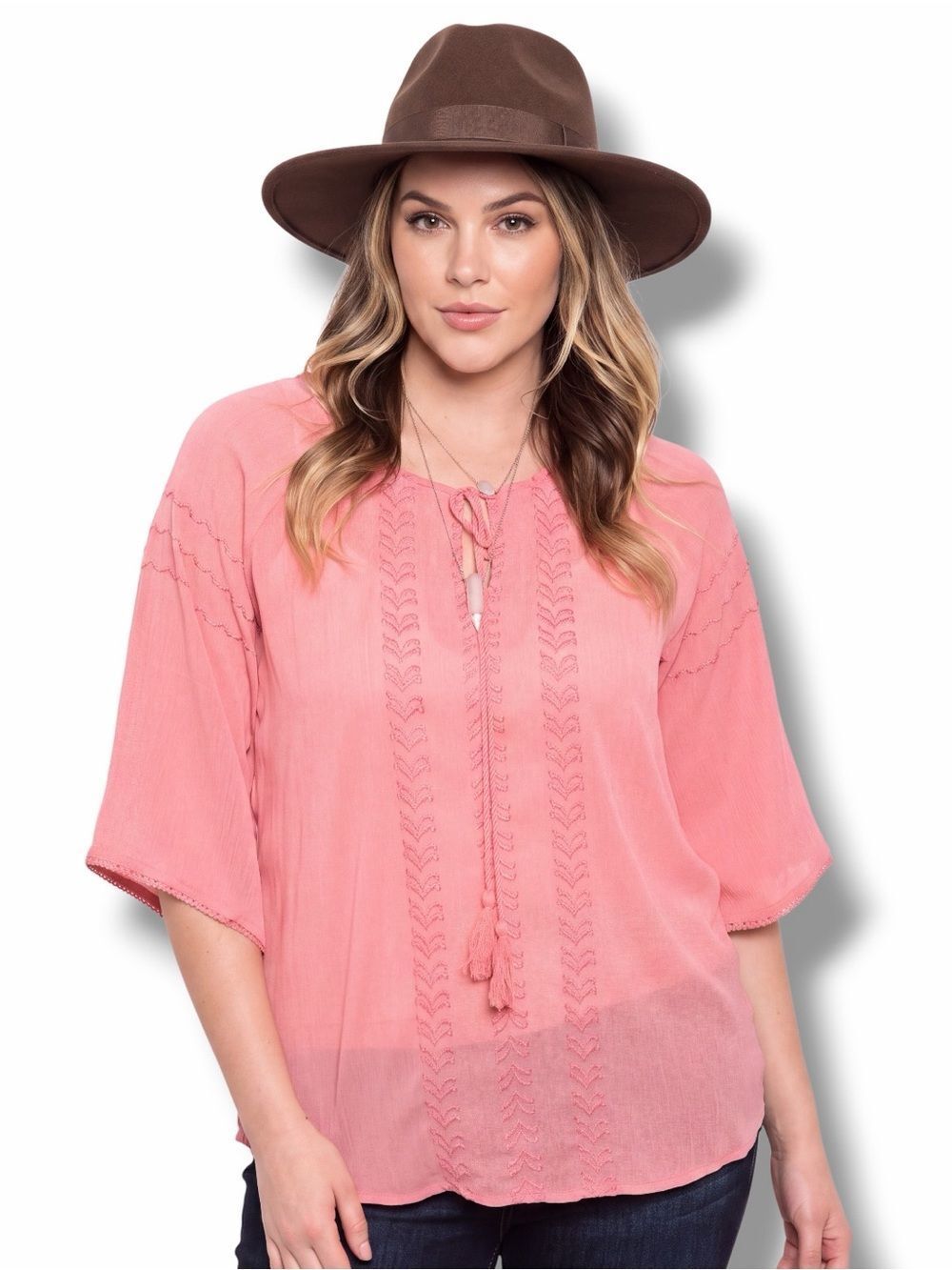 Pink Embroidered Peasant Blouse Half Sleeve Tassel Tie Neck Top Plus Size NWT